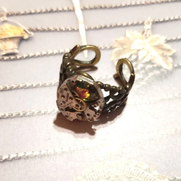 Vintage Steampunk Rainbow Crystal Ring - Picture 2 of 7